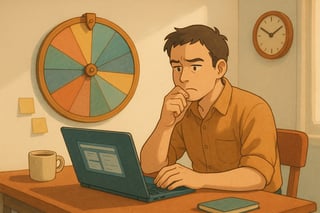 Profesional indeciso ante su portátil con varias pestañas; al fondo, una ruleta de microacciones ocupa un tercio de la pared, luz cálida y sombras suaves.