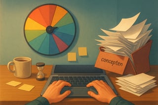 Perfectionist twijfelt achter laptop aan bureau terwijl een kleurrijk spinnerwiel op de muur keuzes afdwingt; subtiele diepte en beweging.