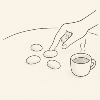 A hand arranges four small stones into distinct spaces on a table, suggesting four task paths without words and inviting calm prioritization.