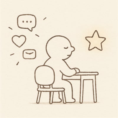 A calm person at a desk weighs drifting notifications against a single glowing star, capturing the pull between urgency and genuine importance.