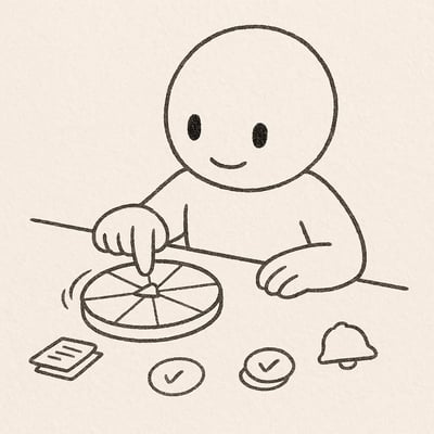 A person spins a simple round dial on a table while tidy task piles wait nearby, capturing a playful moment of decisive prioritization.