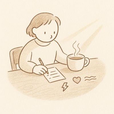 A person reviews a short list with tea in morning light, with small icons nearby suggesting urgency, importance, and calm for daily triage.