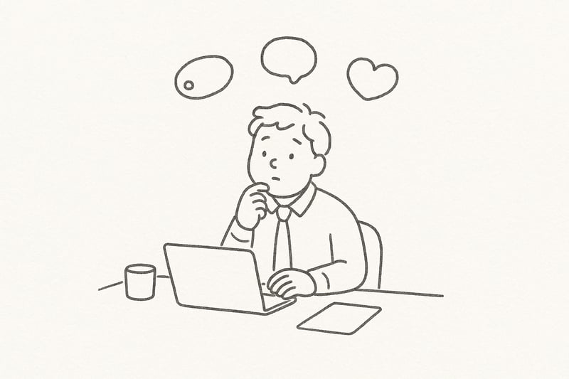 A calm worker at a desk with soft notification shapes drifting above, pausing before choosing the next task to reduce overwhelm and focus.