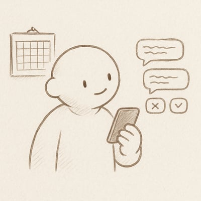A character calmly considers floating notification bubbles beside a clear calendar, highlighting the choice to accept or decline interruptions.