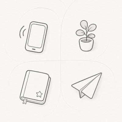 A tidy desk from above shows four implied areas using simple objects, suggesting urgent and important choices without any text or numbers.