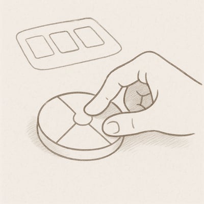 Eine Hand dreht ein schlichtes Auswahlrad, daneben liegen drei geordnete Karten; die Szene wirkt ruhig und zielgerichtet.