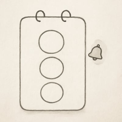 Reduziertes Kalenderblatt mit wenigen runden Markierungen und gedämpftem Glockensymbol als Zeichen für kontrollierte Benachrichtigungen.