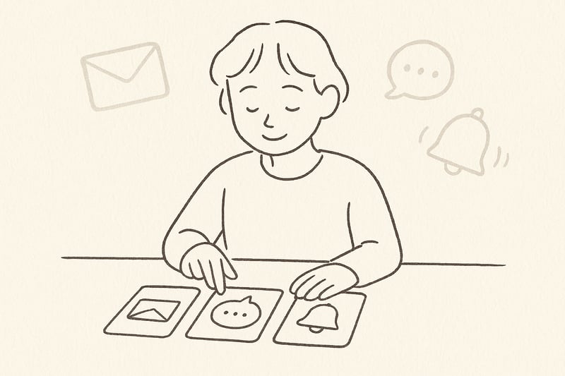 Eine konzentrierte Person sortiert wenige Aufgaben-Karten, während Benachrichtigungssymbole im Hintergrund leiser wirken und Ruhe entsteht.