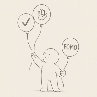 Person lässt zwei von drei symbolischen Ballons los und behält einen; der Moment der bewussten Entscheidung sorgt für Erleichterung.