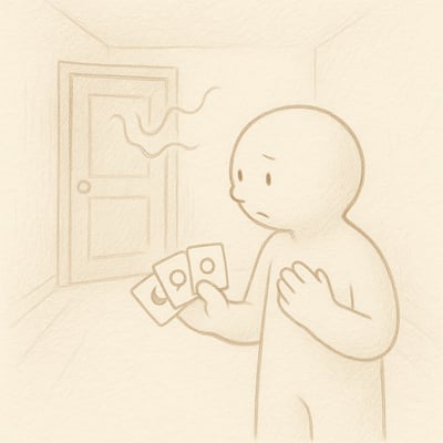 Person hält inne und prüft drei Symbolkarten, während aus einer Tür leise Signale kommen; der Moment des überlegten Abwägens.