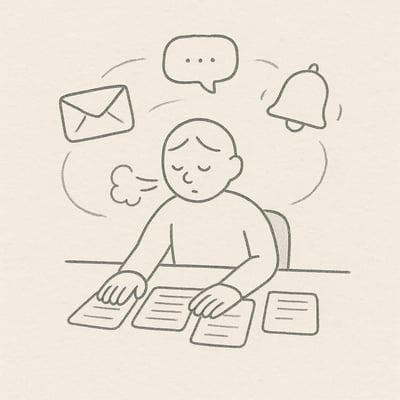 Eine Person am Schreibtisch sortiert Aufgaben, während Mail-, Chat- und Klingelsymbole kreisen; der Blick wird ruhig und fokussiert.