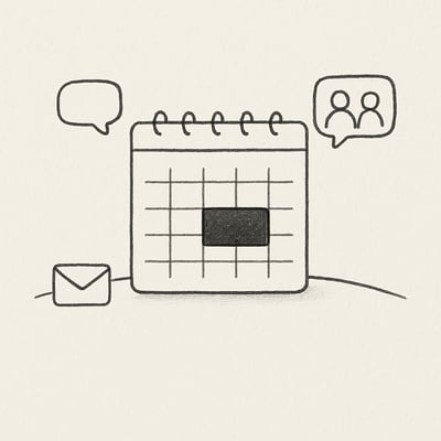 Calendario con un bloque central de concentración y símbolos discretos de reunión y mensajes ubicados en los márgenes.
