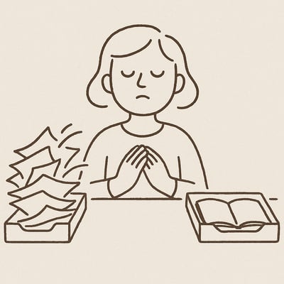 Persona en un escritorio con dos bandejas de tareas, una caótica y otra tranquila, deteniéndose a respirar y elegir con calma.