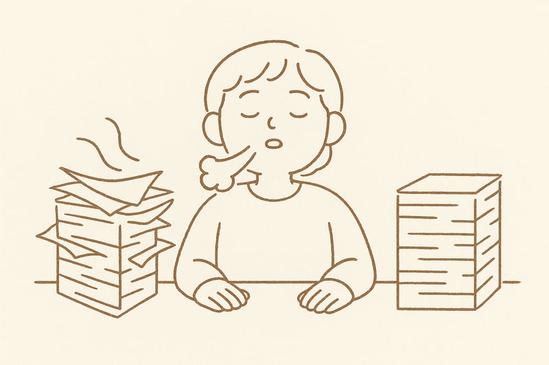 Una persona respira hondo frente a un escritorio con una pila caótica y otra ordenada, simbolizando separar lo urgente de lo importante.