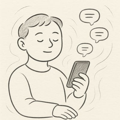 Personaje mirando un móvil mientras las notificaciones se disipan suavemente, indicando control sobre la atención y los límites.