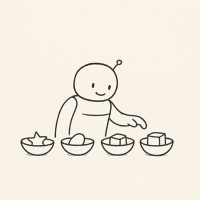 Freundliche, handgezeichnete Figur sortiert vier Gegenstände in vier Schalen, vermittelt Ordnung, Fokus und innere Ruhe ohne Text.