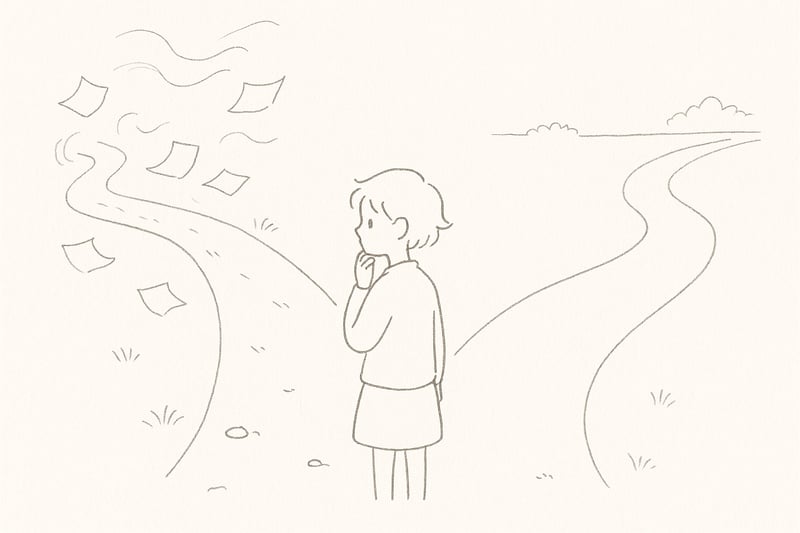 Handgezeichnete Person steht an einer Weggabelung zwischen hektischem Pfad und ruhigem Pfad; sanfte Linien, nach innen gekehrter, besonnener Ausdruck.