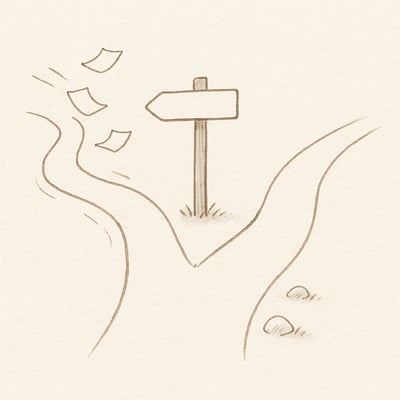 Handgezeichnete Szene mit zwei Wegen: einer hektisch mit flatternden Papieren, der andere ruhig und klar, symbolisiert echte vs. falsche Dringlichkeit.