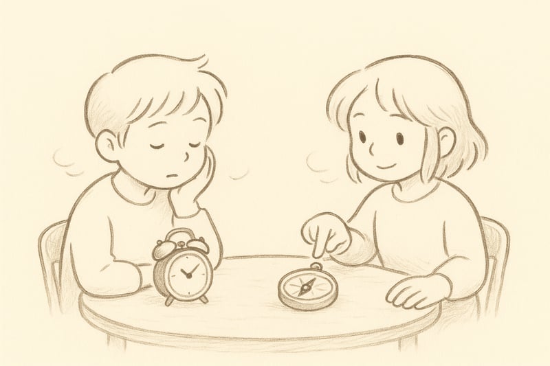 Deux personnages face à face, l’un tourné vers une alarme, l’autre vers une boussole; ambiance douce, traits à la main, sans texte ni chiffres.