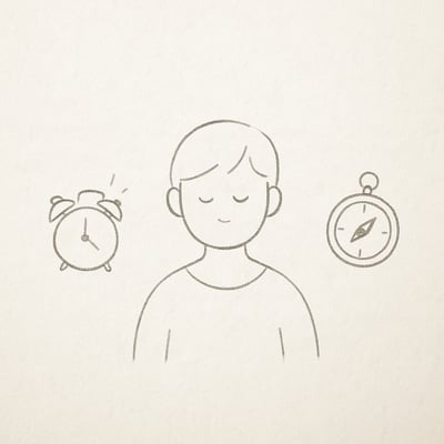 Croquis d'une personne hésitant entre une alarme et une boussole sur une table; lumière douce, ambiance calme, style épuré, trait au crayon fin.