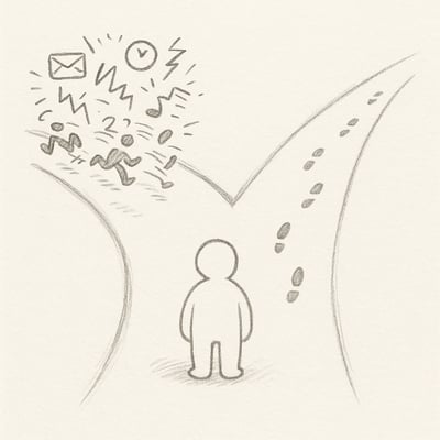 Disegno semplice di due strade: una caotica piena di notifiche, l'altra calma e dritta che porta a un obiettivo chiaro.