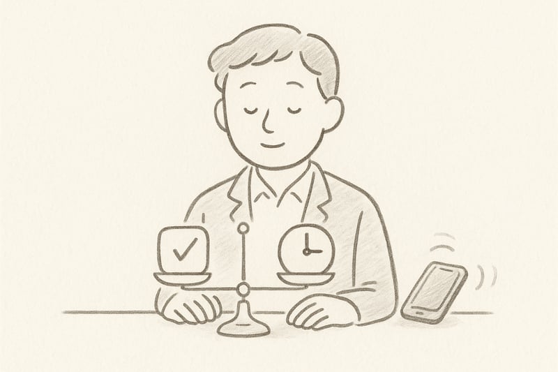 Handgetekende professional weegt kalm twee taken in balans, terwijl buiten beeld een telefoon trilt; focus en rust winnen het van schijnurgentie.