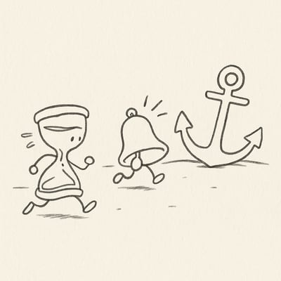 Handgetekende zandloper jaagt op een rinkelende bel; een anker op de achtergrond straalt rust uit als metafoor voor echte prioriteit.