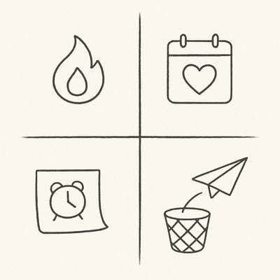 Vier eenvoudige vakken met iconen vlam, hart, kalender en prullenbak die de kwadranten urgent en belangrijk verbeelden, zonder cijfers of tekst.