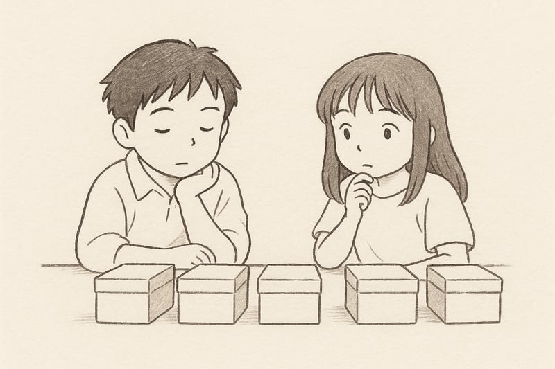 Pessoa serena diante de quatro caixas simples sobre a mesa, avaliando calmamente caminhos possíveis antes de agir, simbolizando foco sem reatividade.