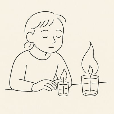 Pessoa observa duas chamas, uma pequena estável e outra grande distante, respira fundo e pondera antes de agir, representando foco em vez de reatividade.