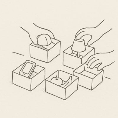 Mãos reorganizam quatro caixas simples com objetos diferentes numa mesa, sugerindo priorização serena e escolha consciente dos próximos passos.