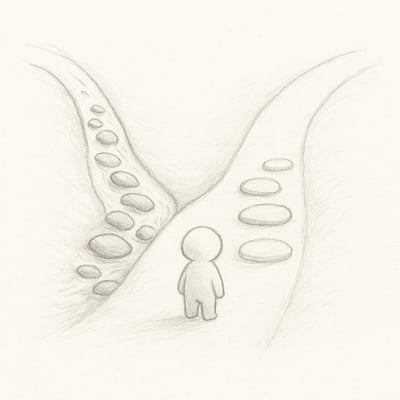 Hand-drawn figure stands at a forked path choosing between a fast narrow trail and a slower stable path, capturing tension between speed and accuracy.