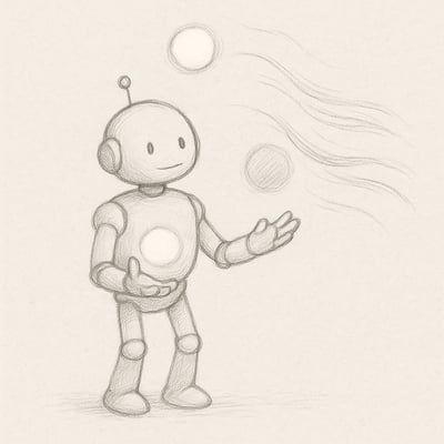 Simple hand-drawn robot juggles glowing orbs as wind pushes, showing mental load increasing and control systems straining under stress.