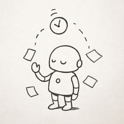 Minimal sketch of a robot hurrying with a clock and papers swirling, then pausing to breathe as clutter falls away.