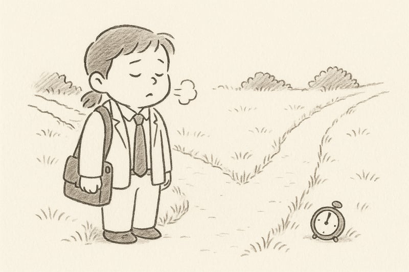 Monochrome hand-drawn scene of a person at a forked path with a clock, breathing calmly before choosing a steadier route.