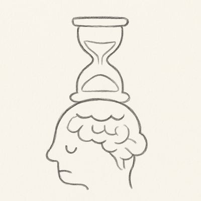 Skizze eines Gehirns; Stirnlappen betont. Sanduhr drückt von oben, Symbol für Zeitknappheit und geschwächte, zielgerichtete Kontrolle.