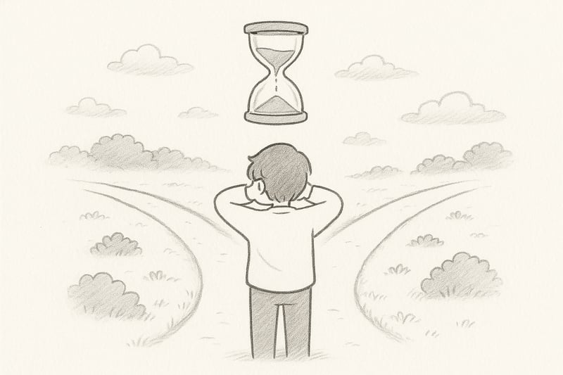 Handgezeichnete Person vor einer Weggabelung unter einer Sanduhr; ruhige, nachdenkliche Szene, die den inneren Konflikt zwischen Tempo und Qualität zeigt.