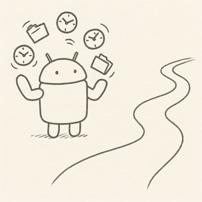 Kleiner Android jongliert Uhren und Akten, wirkt gehetzt; daneben ein ruhiger Pfad steht für fokussierte, qualitativ bessere Entscheidungen.