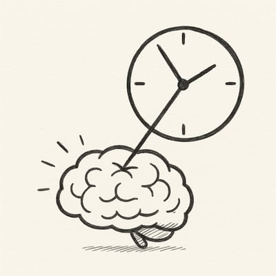 Minimalistische Zeichnung eines Gehirns, das von einem tickenden Zeiger einer uebergrossen Uhr sanft gedrueckt wird; Fokus auf Anspannung und Enge.