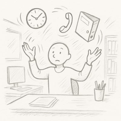 Handgezeichnete Figur in Buerosetting, die an drei Tueren mit Stoppuhr, E-Mail-Flut und Telefon klingelt vorbeischaut; veranschaulicht Zeitdruck im Alltag.