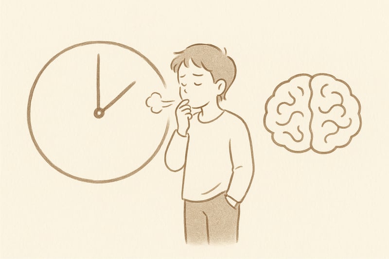 Handgezeichnete Szene: eine Person haelt zwischen grosser Uhr und Gehirn inne, atmet aus und gewinnt Abstand; weiche Linien betonen Spannung und Erleichterung.