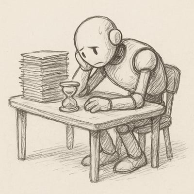 Dos figuras en una oficina con papeles apilados y un calendario borroso detrás, mostrando fatiga y apremio de plazos en situaciones reales.