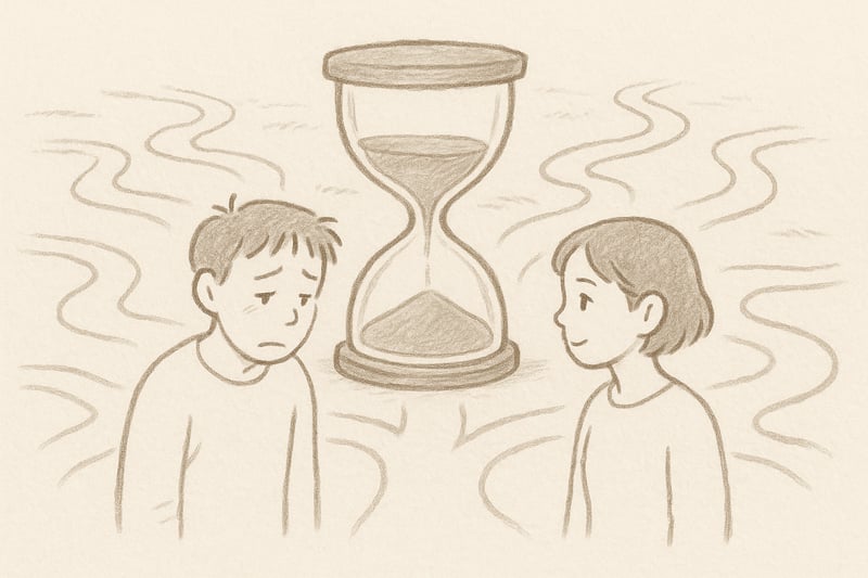 Reloj de arena entre dos personas que dudan ante varios caminos; tras una pausa adoptan gesto sereno, evocando decisiones más calmadas.