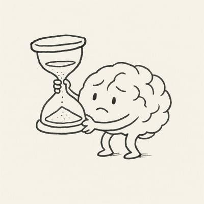 Cerebro sosteniendo un reloj de arena que derrama arena sobre una mesa de opciones, transmitiendo urgencia y enfoque estrecho bajo estrés.