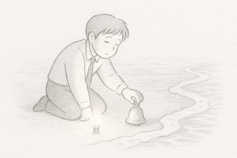 Hand-drawn figure setting down a loud bell beside a calm shoreline at dusk, pausing to breathe as waves soften the noise—signalling relief from urgency.