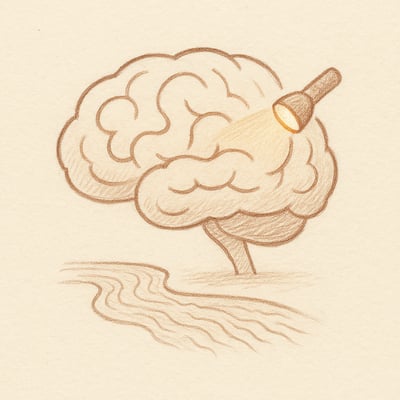 A simple brain sketch with a small torch highlighting the prefrontal area above a rushing current, illustrating calm control over time-pressured impulses.