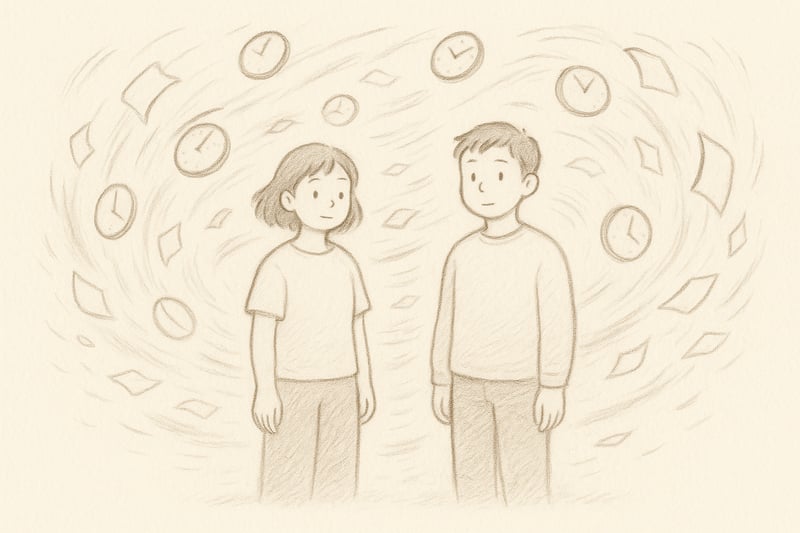 Two teammates pause calmly as clocks swirl in the background, conveying steadiness amid urgency and a deliberate choice to slow decisions.