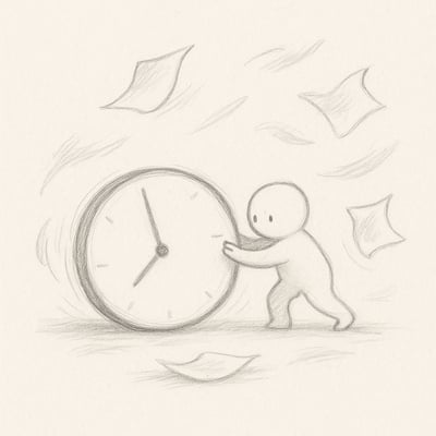 A calm figure steadies a rushing clock while papers swirl by, evoking the quiet control of resisting urgency and reclaiming attention at work.