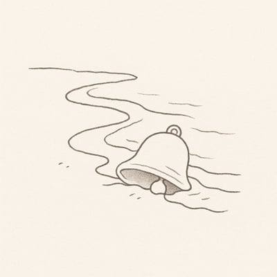 A gentle shoreline sketch with waves softening a ringing bell, symbolising relief from constant urgent alerts and space to regain focus at work.