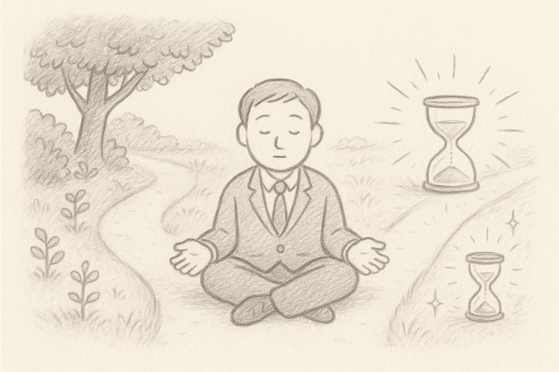 Handgezeichnete Person hält eine ruhige Pflanze, während Sand aus einer Sanduhr rinnt; zeigt den Kontrast zwischen stetigem Wachstum und verlockender Eile.
